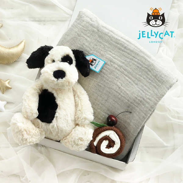 【jellycat ジェリーキャット】バシュフル ブラック＆クリームパピー　お昼寝ギフトセット　送料無料