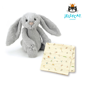 【jellycat ジェリーキャット】バシュフル シルバーバニー M　コットンガーゼのベビーケットセット