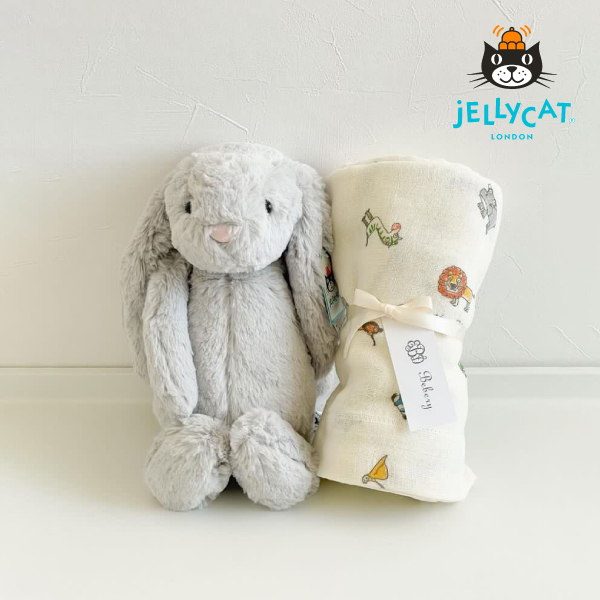 【jellycat ジェリーキャット】バシュフル シルバーバニー M　コットンガーゼのベビーケットセット