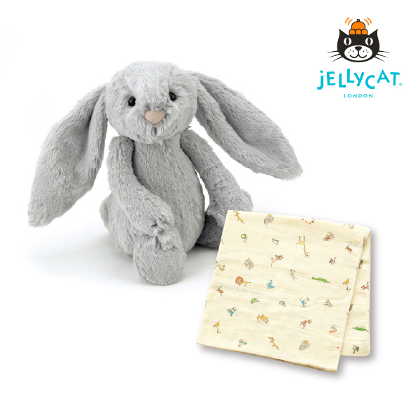 【jellycat ジェリーキャット】バシュフル シルバーバニー M　コットンガーゼのベビーケットセット