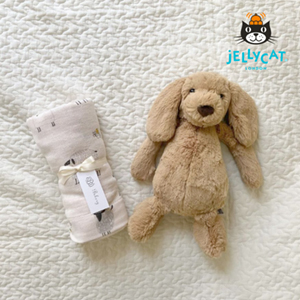 【jellycat ジェリーキャット】バシュフル タフィーパピー M　コットンガーゼのベビーケットセット