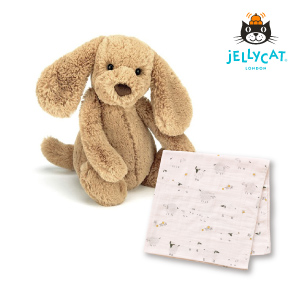 【jellycat ジェリーキャット】バシュフル タフィーパピー M　コットンガーゼのベビーケットセット